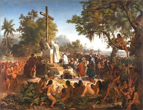 O quadro de Victor Meirelles retrata a influência da Igreja Católica desde o início da conquista dos territórios brasileiros