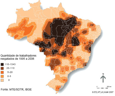 Mapa do número de trabalhadores escravizados resgatados no Brasil de 1995 a 2006